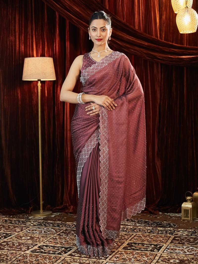 Pink embroidered silk blend blend saree