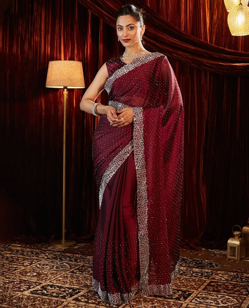 Rose beads and stones embellished saree