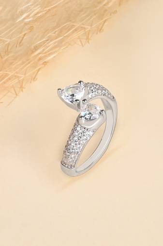 Touch925 harmony two stone silver ring with triangular cz accents in 925 purity for women