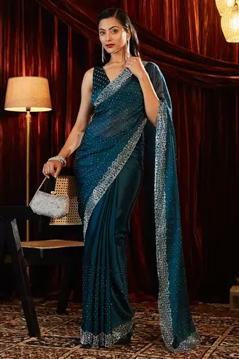 Turquoise blue beads and stones embellished saree