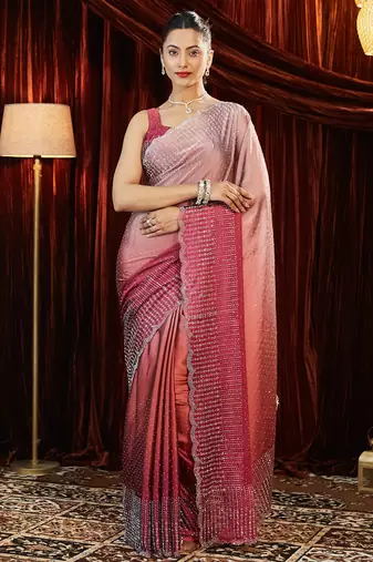 Fuchsia ombre beads and stones silk blend blend saree