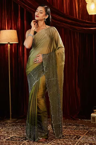 Olive green ombre beads and stones saree