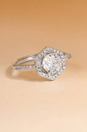 Touch925 hexa stone silver ring with cz halo in 925 purity for women