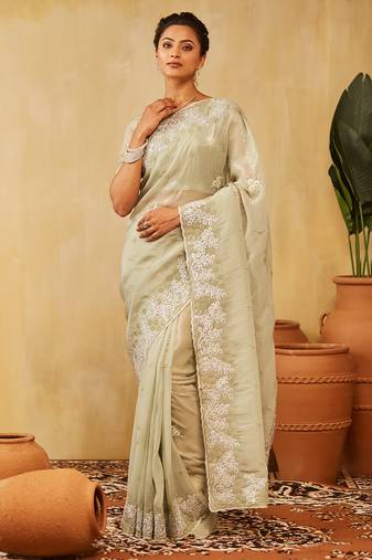 Olive green embroidered saree
