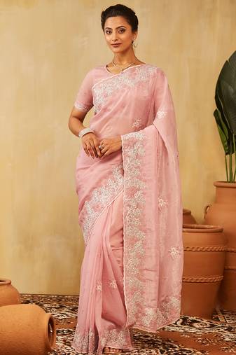 Pink embroidered saree