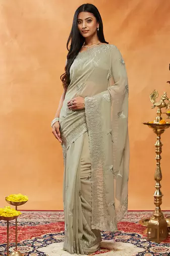 Melange Grey embroidered georgette saree