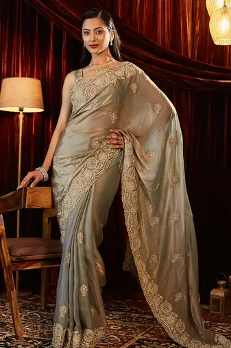 Taupe silk blend heavy work saree with unstitched blouse