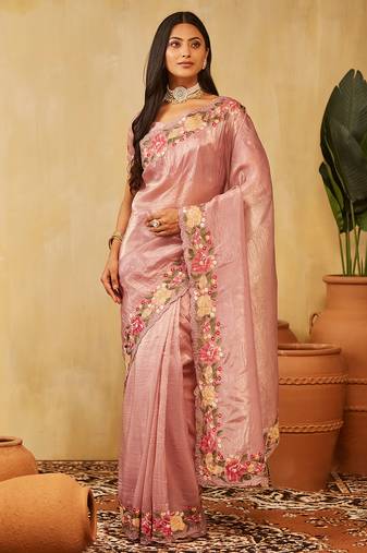 Pink solid embroidered organza saree