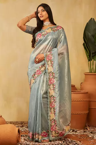 Teal floral embroidered saree