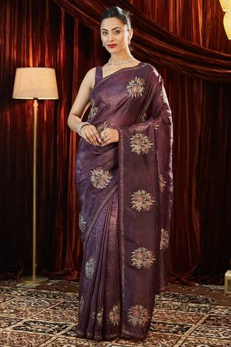 Magenta floral embroidered organza saree