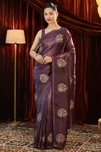 Magenta floral embroidered organza saree