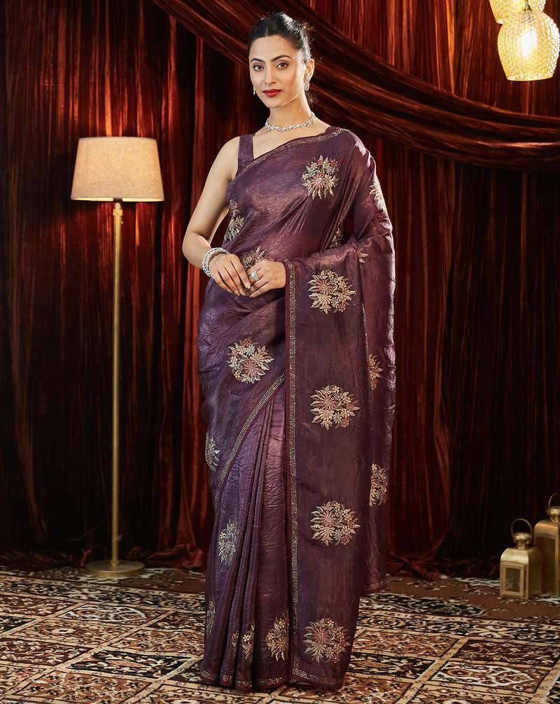 Magenta floral embroidered organza saree