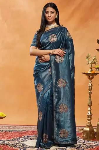 Turquoise blue floral embroidered saree