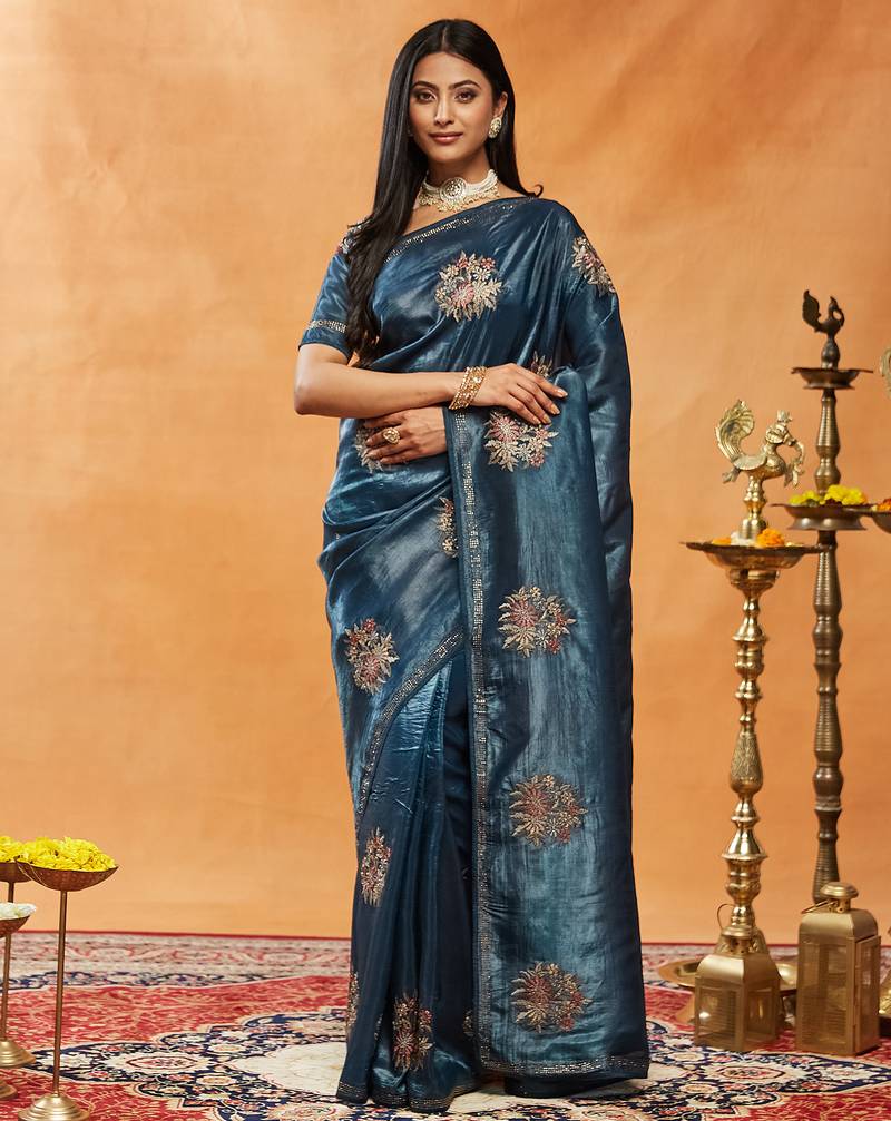 Turquoise blue floral embroidered saree