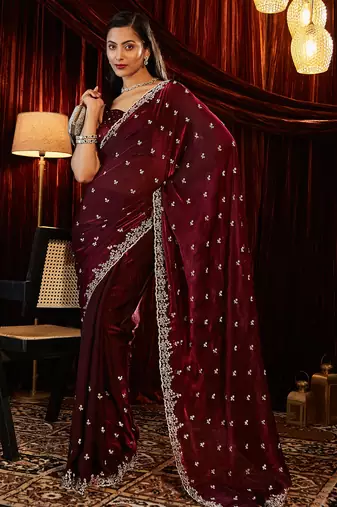 Burgundy embroidered saree