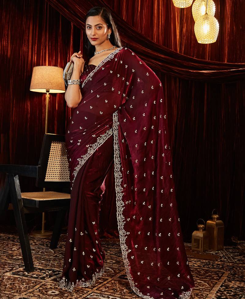Burgundy embroidered saree