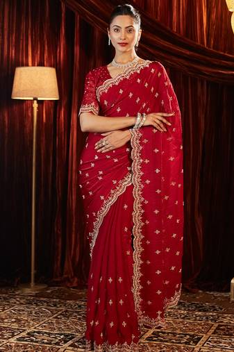 Red sequin embellished  saree