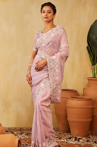 Lavender floral embroidered chiffon saree