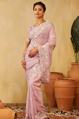 Lavender floral embroidered chiffon saree
