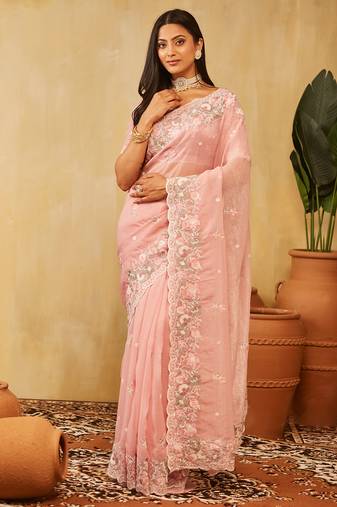 Pink chiffon floral embroidered saree