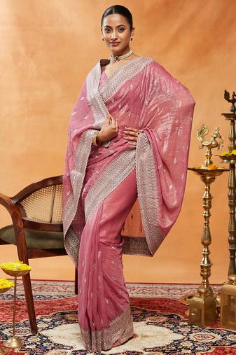 Pink embroidered chiffon saree
