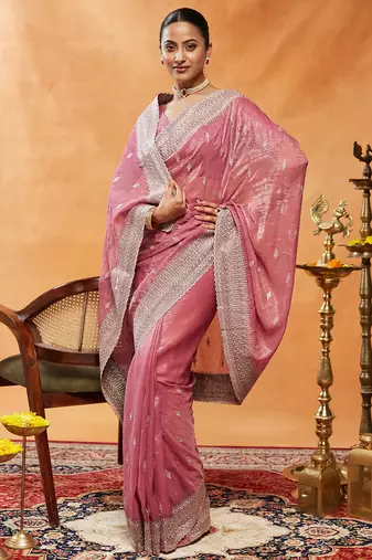 Pink embroidered chiffon saree