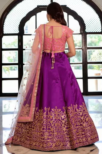 Purple & Pink Semi-Stitched Lehenga & Unstitched Blouse with Dupatta