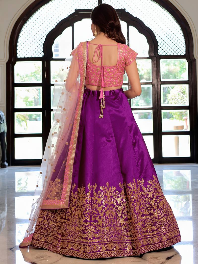 Purple & Pink Semi-Stitched Lehenga & Unstitched Blouse with Dupatta