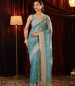 Teal embroidered chiffon saree