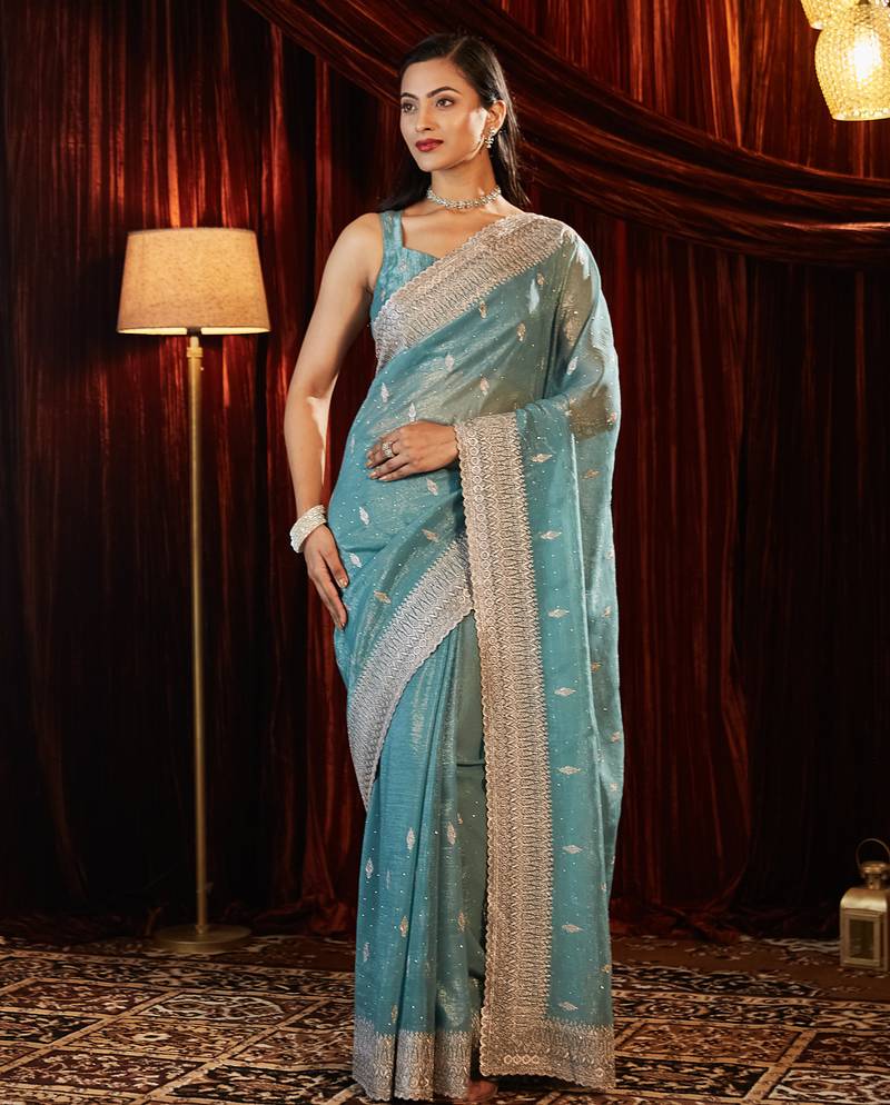 Teal embroidered chiffon saree