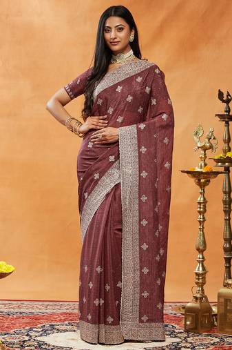 Burgundy embroidered chiffon saree