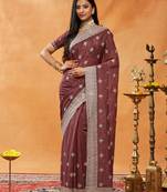 Burgundy embroidered chiffon saree
