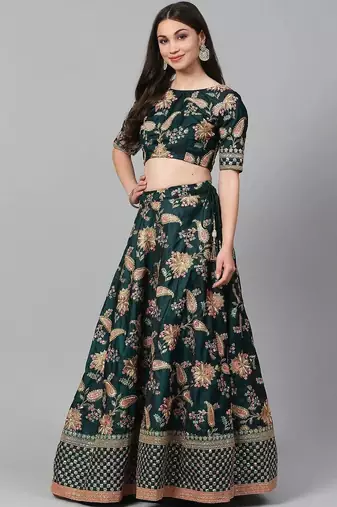 Green Semi-Stitched Lehenga & Unstitched Blouse with 2 Dupattas
