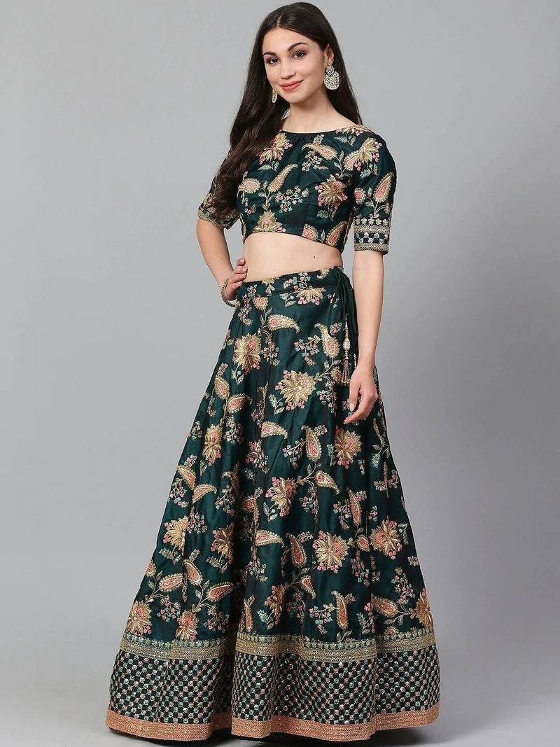 Green Semi-Stitched Lehenga & Unstitched Blouse with 2 Dupattas
