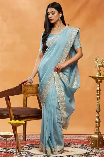 Turquoise blue embroidered chiffon saree
