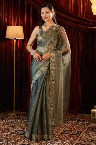 Grey beads and stones embellished saree