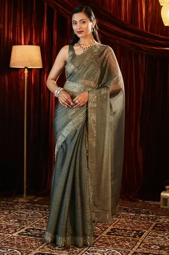 Grey beads and stones embellished saree