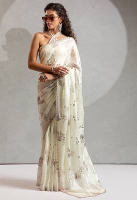 cream foil printed two tone silk blend embroidered saree 1