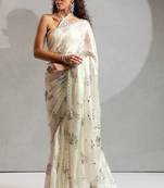 cream foil printed two tone silk blend embroidered saree