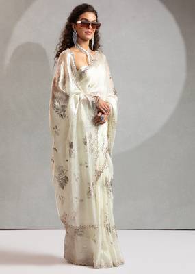 cream foil printed two tone silk blend embroidered saree 2