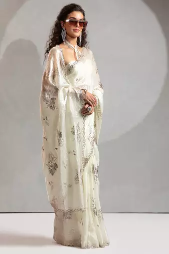 cream foil printed two tone silk blend embroidered saree