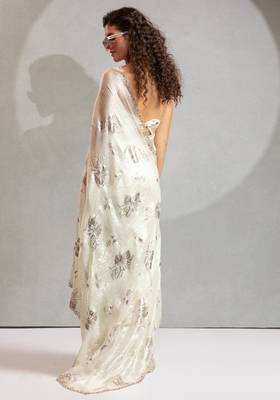 cream foil printed two tone silk blend embroidered saree 3