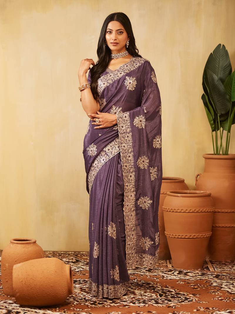 Blue floral embroidered chiffon saree