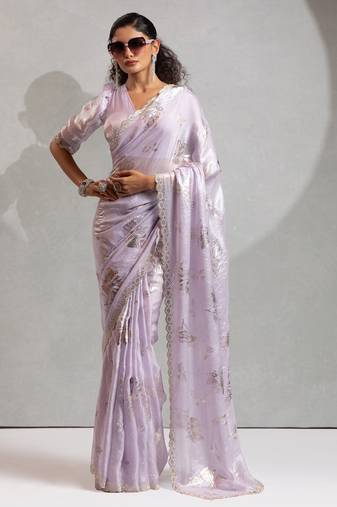 lavender foil printed two tone silk blend embroidered saree