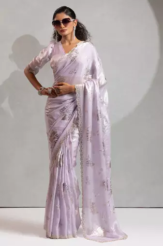 lavender foil printed two tone silk blend embroidered saree