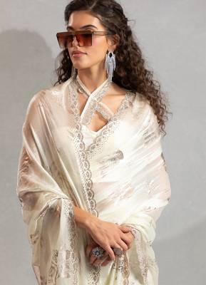 cream foil printed two tone silk blend embroidered saree 4