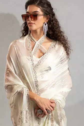 cream foil printed two tone silk blend embroidered saree