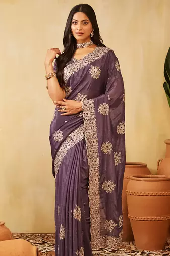 Burgundy floral embroidered chiffon saree