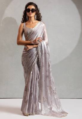 grey foil printed two tone silk blend embroidered saree 1