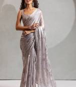 grey foil printed two tone silk blend embroidered saree